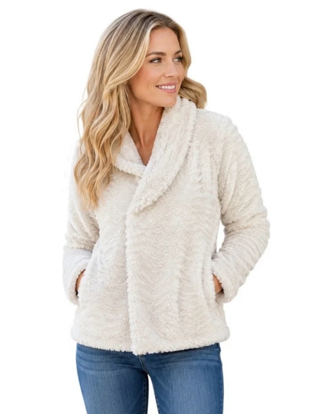 Patagonia Pelage Cream Plush Cowl-Neck Faux Curly Fur Jacket.Full Zip.Size M